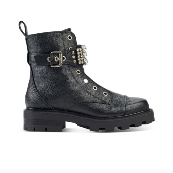 Karl Lagerfeld Paris Women's Maeva Combat Boot Crystal Embellished Buckles 7.5 - Picture 1 of 8